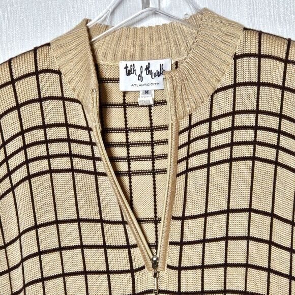 Talk of the Walk Atlantic City 80s Quarter Zip Camel Brown Plaid Knit Sweater - Picture 3 of 12